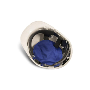 Interior view of a white hard hat with a blue fabric suspension liner