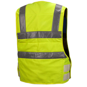 Back view of a Pyramex Safety high visibility yellow vest with reflective silver stripes