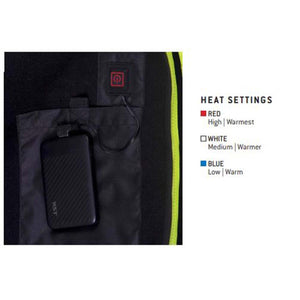 Heated jacket battery pack connection and heat setting guide showing red white and blue temperature levels