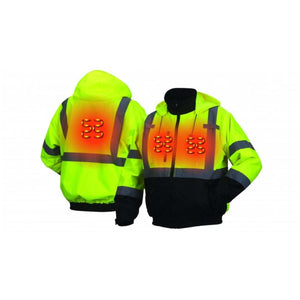 High visibility yellow and black heated work jacket with reflective strips