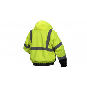 Pyramex Safety high visibility yellow hooded jacket with reflective strips viewed from the back