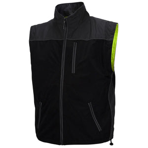 Pyramex black work vest with high visibility yellow trim and zippered pockets
