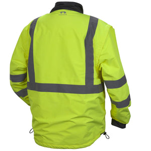 Back view of Pyramex high visibility yellow safety jacket with reflective silver strips