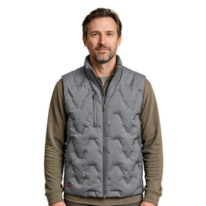 Man wearing a grey G-Tech heated vest with a chevron quilted pattern and a zippered chest pocket
