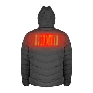 Mobile Warming black hooded puffer jacket with back heating element graphic