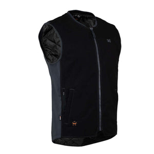 Black and grey sleeveless heated vest with front zipper and power button