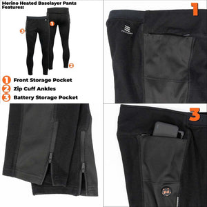 Mobile Warming Merino heated baselayer pants showing front storage pocket zip cuff ankles and battery storage pocket