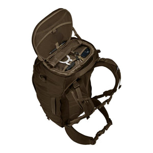 Thule olive green backpack with open top compartment showing internal mesh pockets and organized accessories