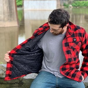 Man wearing ActionHeat red and black plaid quilted flannel shirt