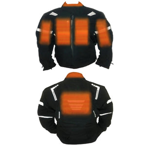 California Heat heated motorcycle jacket showing front and back heating zones