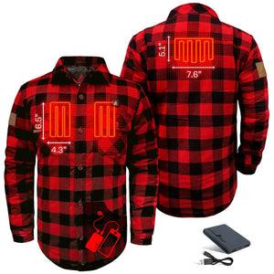 ActionHeat red and black plaid heated flannel shirt showing heating element dimensions and battery pack