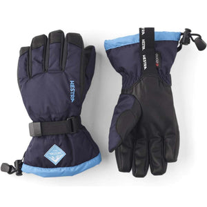 Hestra navy and black insulated ski gloves with adjustable wrist straps