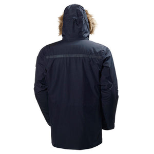 Back view of Helly Hansen navy parka with faux fur hood