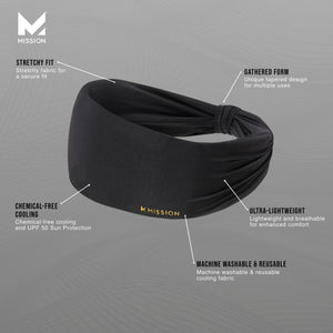 Mission black cooling headband with labels highlighting stretchy fit, gathered form, cooling fabric, and washability