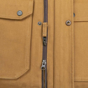 Mobile Warming tan canvas jacket detail with zipper and snap button pockets