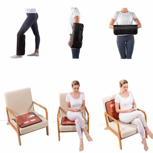 HealthyLine heating pad used on leg arm and back while sitting in a chair
