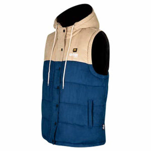 Gobi Heat two tone blue and tan hooded puffer vest with front button closure