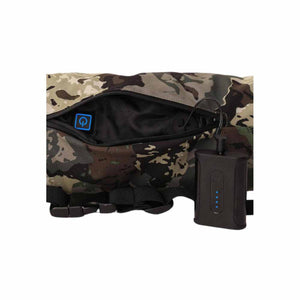 Camo pattern heated hand warmer with power bank connected to internal port