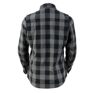 Back view of a grey and black buffalo plaid long sleeve button up shirt