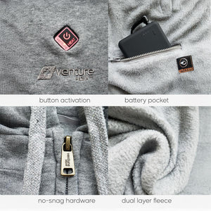 Venture Heat hoodie features including power button, battery pocket, zipper hardware, and dual layer fleece fabric