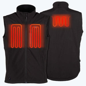 Mobile Warming black heated vest showing front and back heating elements