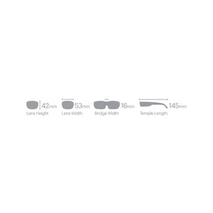 Smith Optics eyewear sizing diagram showing lens height width bridge width and temple length in millimeters