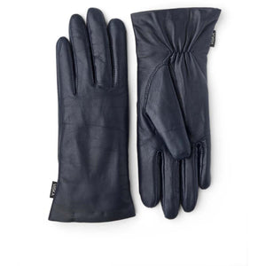 Hestra navy blue leather gloves with gathered wrist detail