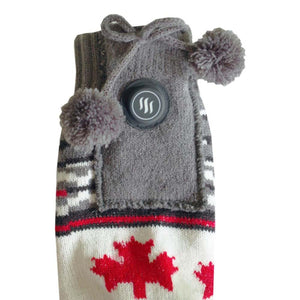 Glovii heated hot water bottle with grey knit cover and red maple leaf pattern