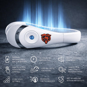 White Chicago Bears branded neck fan with digital display and airflow features listed