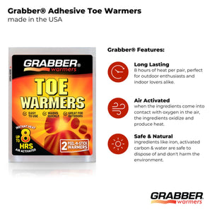 Grabber adhesive toe warmers packaging with features list including long lasting heat and air activated technology