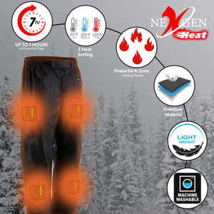 NexGen heated pants features showing 7 hours of heat 3 settings 4 heating zones premium material and machine washable
