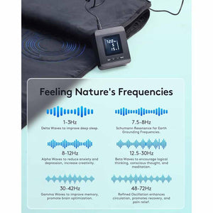 UTK Technology frequency therapy mat with digital controller and chart of brain wave ranges and benefits