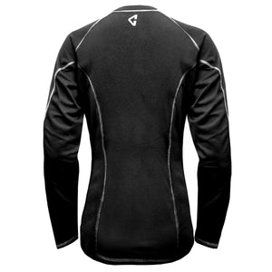 Back view of black Gerbing long sleeve base layer with white contrast stitching and logo