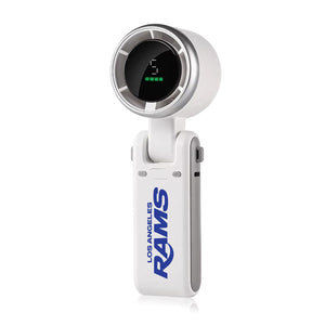 AlphaCool handheld fan with Los Angeles Rams logo and digital battery display