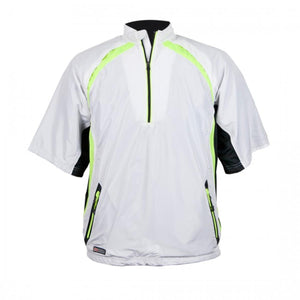 Mobile Warming white short sleeve pullover jacket with neon yellow accents and black side panels