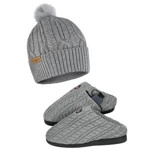ActionHeat grey cable knit beanie with pom pom and matching heated slippers