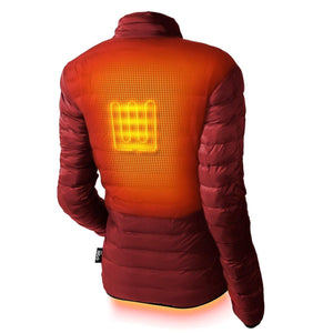 Gobi Heat red puffer jacket showing internal heating element grid on the back
