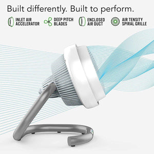 Vornado fan showing air circulation features including inlet air accelerator deep pitch blades and spiral grille