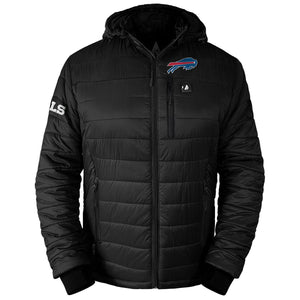 Black Buffalo Bills hooded puffer jacket with team logo on chest