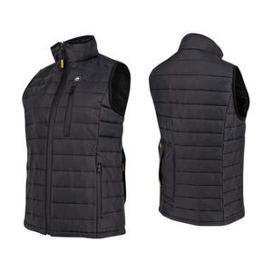 Front and back view of a black DeWalt heated vest with zippered pockets