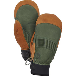 Hestra green and tan leather mittens with black cuffs and carabiner
