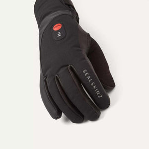 Sealskinz black heated glove with power button on the back of the hand