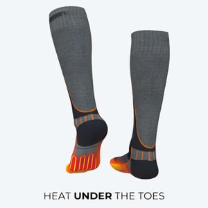 Mobile Warming grey heated socks with orange toe heating elements