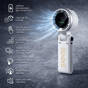 AlphaCool handheld fan with digital display and feature list icons