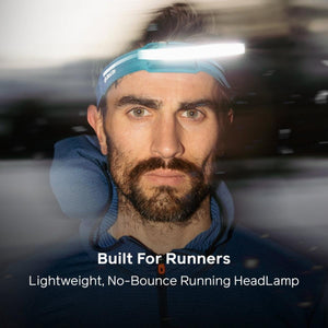 Runner wearing a BioLite headlamp with a bright light beam