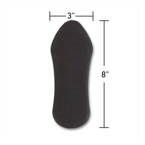Black no show sock liner with dimensions labeled as 3 inches wide and 8 inches long