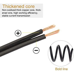 Two conductor electrical wire with exposed copper ends showing positive and negative polarity