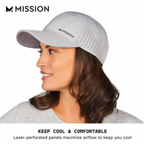Woman wearing a light grey Mission baseball cap with laser perforated side panels