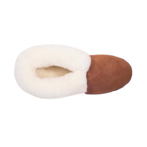 Cloud Nine Sheepskin brown suede slipper with white wool lining viewed from above
