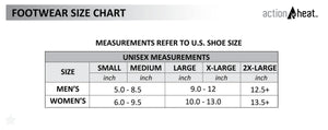 ActionHeat unisex footwear size chart showing US shoe size conversions for small to 2X-large sizes